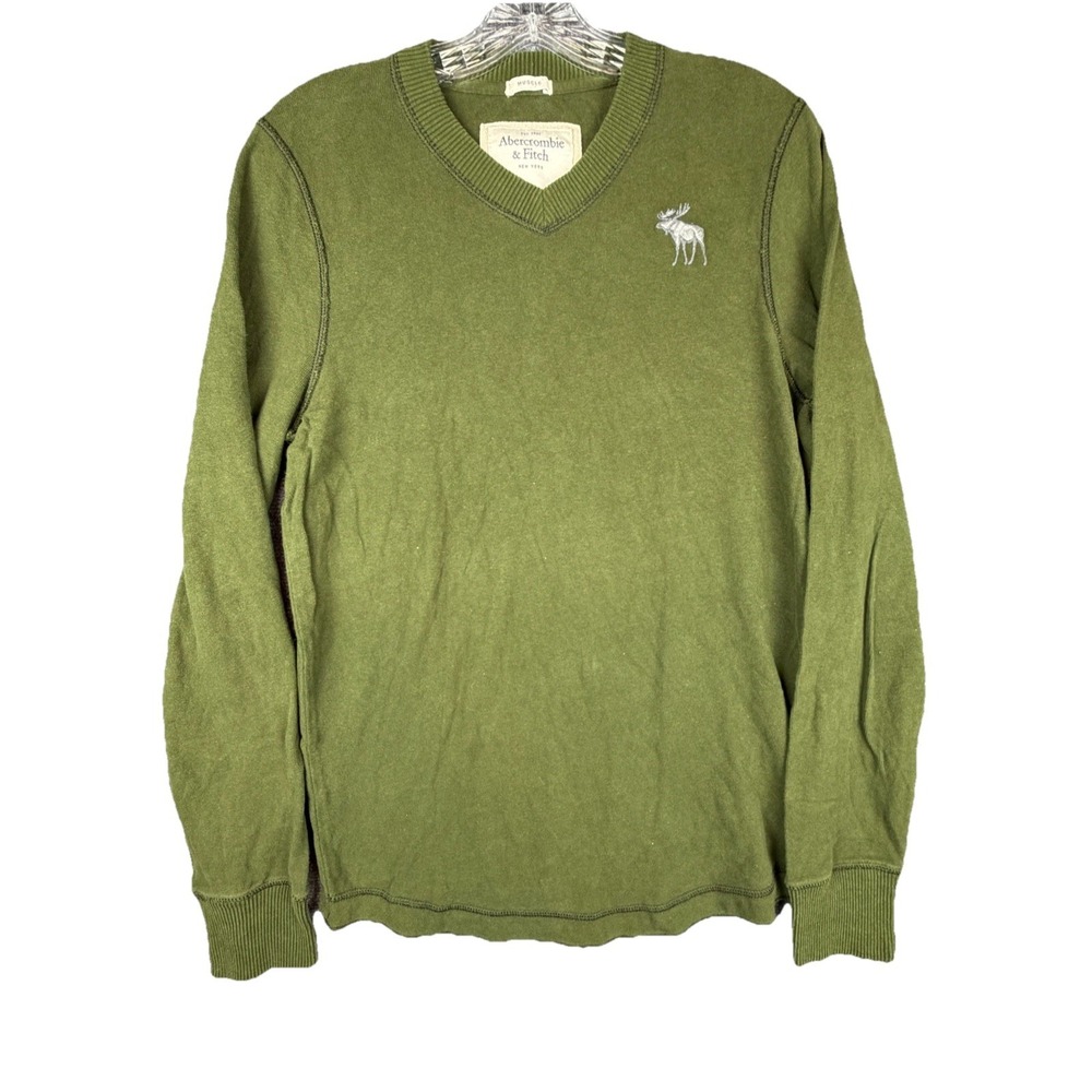 Y2K Abercrombie & Fitch Muscle Long Sleeve V-Neck LS Shirt Mens L Green Moose
